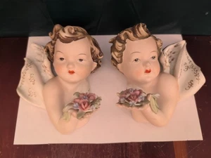 Vintage Lefton China Cherubs Wandtafeln Paar hält Blumen Japan KW6417 2 CHIPS! - Bild 1 von 24