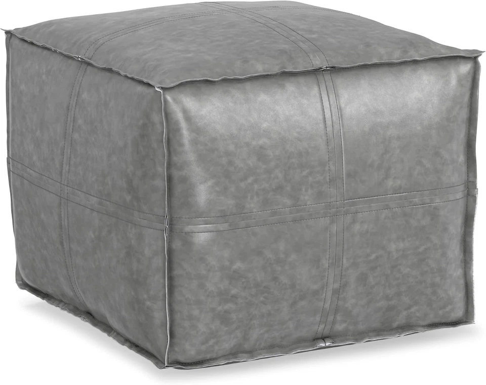 Pufe quadrado SIMPLIHOME Brody couro sintético cinza para quarto infantil - Imagem 1 de 1