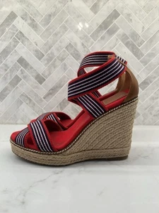 Tory Burch Stripe Elastic Espadrille Wedge Platform Heels Strappy Size 10 10B - Picture 1 of 10