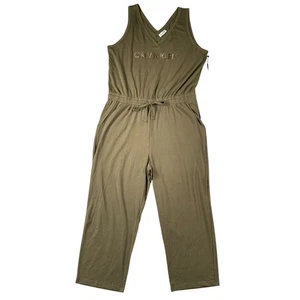 Calvin Klein Jumpsuit XL Green Rhinestone Logo Cotton Blend Cropped 24" Inseam - Picture 1 of 5
