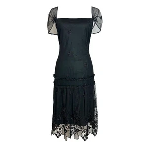 Abito vintage anni 90 Y2K capriccioso 14 nero pizzo rete vita bassa midi nove ovest - Foto 1 di 12