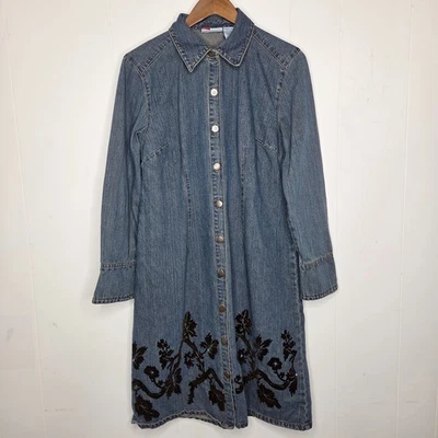 褪色荣耀女式 Y2K 牛仔刺绣连衣裙 L 码波西米亚奇思戈特 Grungy — 第 1/4 张图片