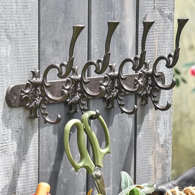 Vintage Cast Iron Wall Hook Rack - Ornate 4-Hooks Coat and Hat Organizer Heavy - Image 1 of 4