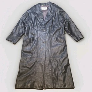 Braefair Leather Trench Coat Women's 2X Black Long Button Belt Jacket EUC Matrix - Picture 1 of 12