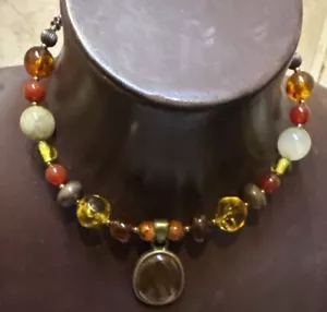 Vtg Amber Necklace Pendant Choker Collar Gemstone Lucite Glass Beads Boho - Picture 1 of 2