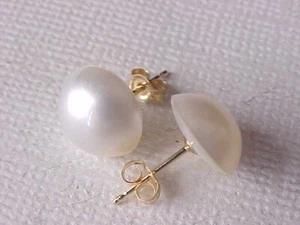 10MM AAA GENUINE WHITE MABE PEARL STUD EARRINGS SOLID 14K YELLOW GOLD - Picture 1 of 4