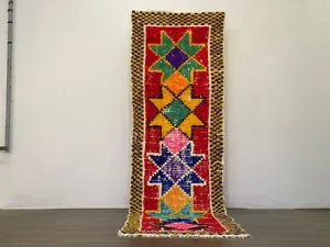 Moroccan Handmade Vintage Rug Unique Colorful Berber Geometric Rug 2'9"x10'1" Ft - Picture 1 of 12