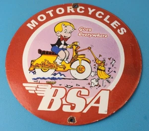 Vintage BSA Motorcycle Sign - Motor Bike Cartoon Gas Pump Service Porcelain Sign - Picture 1 of 15