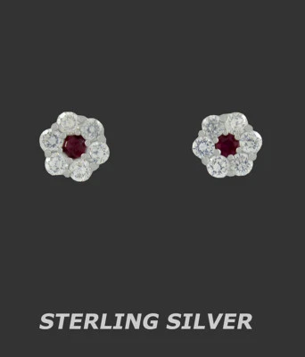 LAB RUBIES & WHITE SAPPHIRES STUD EARRING .925 Silver -NEW WITH TAG -Screw Backs - Image 1 of 4
