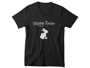 Mens V-neck Hoppy Easter Shirt Christian Graphic Bunny Cross Spring Holiday Top - Picture 1 of 3