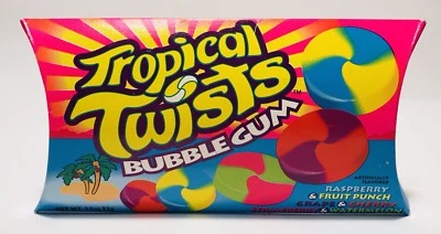 "Bolsa de goma de mascar Amurol Tropical Twists 1992 vintage contenedor de dulces de 5""" Foto 1 de 4