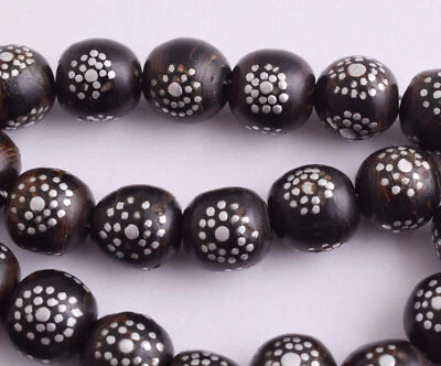 Antique Black coral Yusr beads inlaid strand-33beads - Image 1 of 4