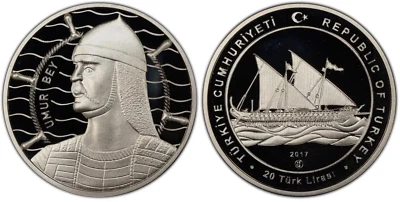 PCGS Turkey 2017 PR 67 DCAM 20 Lira Silver Admiral Umur Bey Ship Warship Top Pop - Image 1 of 4