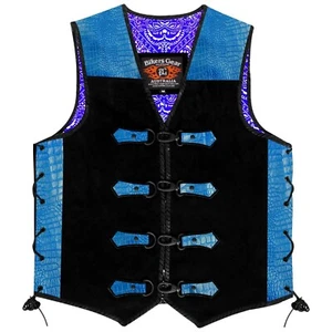 BGA Crocodile Blue Pattern Leather Motorcycle Vest with Suede Body - Picture 1 of 2