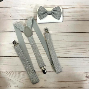 Juego combinado ajustable de pajarita y tirantes para adultos de Navidad plateado brillante - Imagen 1 de 3