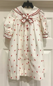 VTG SARAH KENT Dress-Ivory Poly/Rayon Short Sleeve Red Leaf Smock Buttoned, Sz 4 - Picture 1 of 10