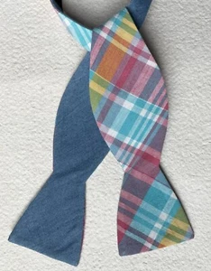 Reversible Cotton Pink Blue Yellow Plaid Bow Tie Saddlebred Hand Made 2 3/8” - Picture 1 of 10