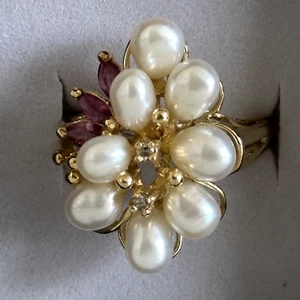 14K Yellow Gold Pearl Ruby & Diamond Ladies Statement Band Ring Size 8.5 - Picture 1 of 16