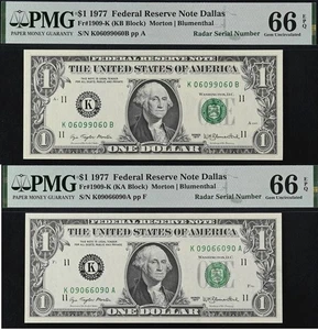 1977 $1 FRN PMG 66EPQ - Matching Digit Radar Serial Number 09066090 - 06099060 - Picture 1 of 5