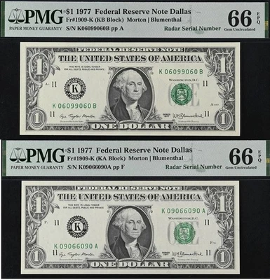 1977 $1 FRN PMG 66EPQ - Matching Digit Radar Serial Number 09066090 - 06099060 - Image 1 of 4
