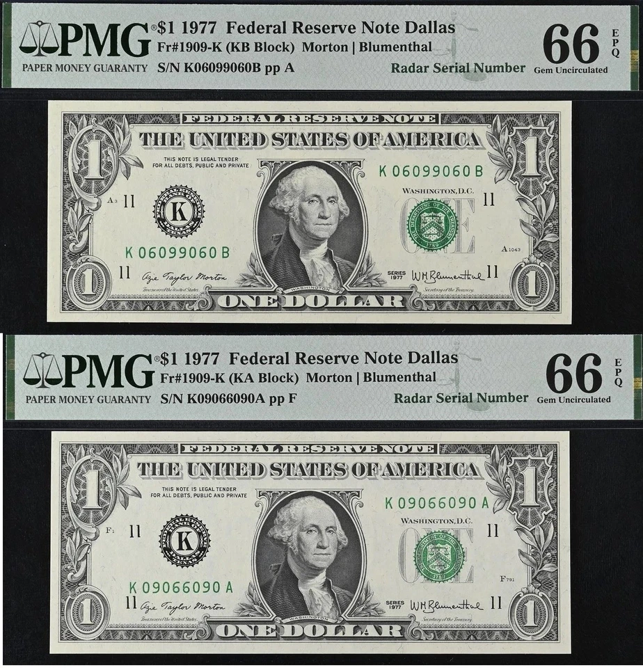 1977 $1 FRN PMG 66EPQ - Matching Digit Radar Serial Number 09066090 - 06099060 - Image 1 of 4