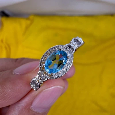 Anillo de plata de ley 925 6x4 mm topacio natural piedras preciosas circón joyería nupcial regalo Foto 1 de 4