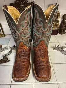 Justin 8150 Cognac Straußenleder & Grün Western Dancehall Rodeo Stiefel USA 8 B - Bild 1 von 19