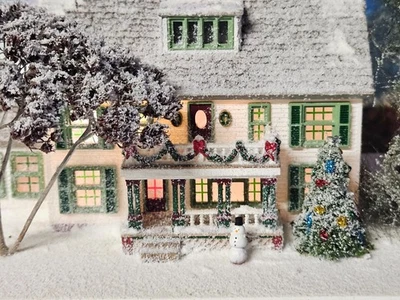 NEW BUILT LIGHTED HO CHRISTMAS HOUSE SCENE SNOWMAN TREES VEHICLES PEOPLE NICE - Image 1 of 4
