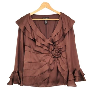 Cachet Bluse Damen 14 Braun Faux Wickel Perlen Rüschen Satin Formell Elegant - Bild 1 von 14
