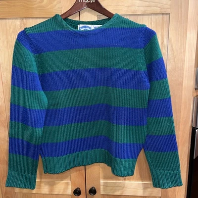 复古 Cambridge Spirit 100% 精纺羊毛蓝色和绿色条纹毛衣  — 第 1/4 张图片