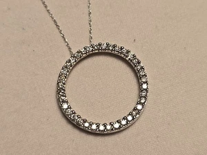 Beautiful Large Diamond 10k White Gold Circle Pendant + Necklace - Picture 1 of 5