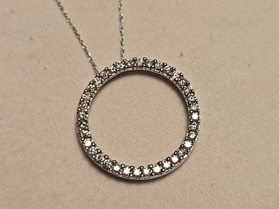 Beautiful Large Diamond 10k White Gold Circle Pendant + Necklace - Image 1 of 4