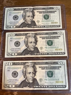 3 Sequential $20 Bills PB12222290E -92E -Quad-2 Repeater -Series 2017A-CRISP - Image 1 of 4