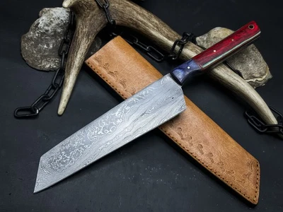 Handmade Damascus Steel Chef knife Wood Handle, Leather Sheath - Image 1 of 4