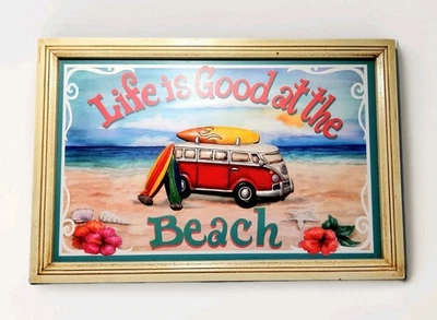 VW Van“life Is Good”Surfing Beachcomber 2009 Wall Picture 17"Wood 3D Sign BoHo - Image 1 of 4