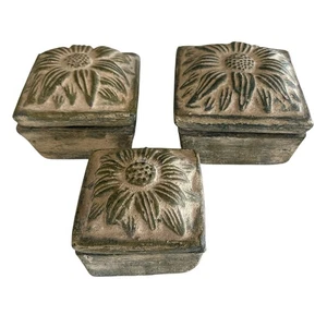 Vintage Mexican Pottery Square Trinket Box With Lid Sunflower Green Lot of 3 - Picture 1 of 17