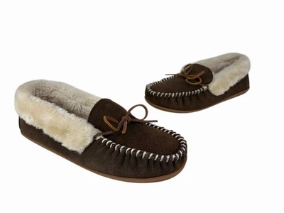10 pantuflas de mocasín Minnetonka para hombre forro de piel sintética de gamuza chocolate ~ USADAS UNA VEZ Foto 1 de 4