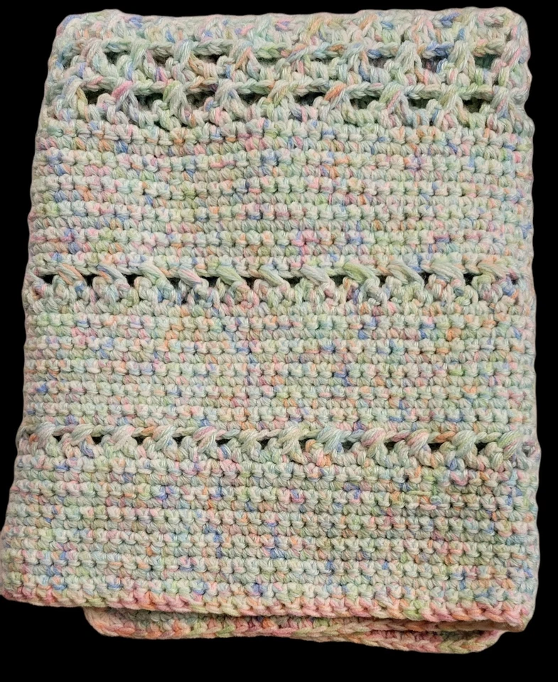 Hand Crocheted Pastel Baby Blanket 34x39 Afghan Green Yellow Pink Blue Wool Blen - Image 1 of 4