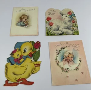 Carte pasquali vintage anatre agnello bambini lotto di 4 usate - Foto 1 di 6