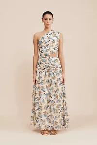 POSSE Joslin Blue Brown Floral One Shoulder Midi Dress Meadow AU 10 / M / US 6 - Picture 1 of 7