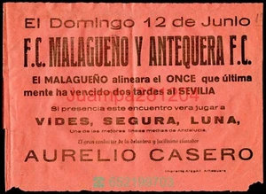 CARTEL DE FUTBOL AÑO 1930-1940 FC MALAGUEÑO - ANTEQUERA FC 205x149mm - Picture 1 of 2