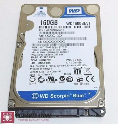 Western Digital 160GB 2.5 WD1600BEVT-22ZCT0 2061-701499-E00 AC FOR PARTS/REPAIR - Image 1 of 4