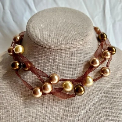 Kissaka Brand Costume Glass Pearl Multistrand Ribbon Brown Fashion Necklace - Image 1 of 4