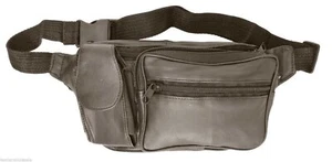 Brown Solid Leather Fanny Pack 5 Pocket Travel Waist Belt Bag Cell Phone Holder - Picture 1 of 2