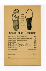 Cartolina antica Quincy MA Mass, riparazione scarpe E.F. Conlin, prezzi - Foto 1 di 2
