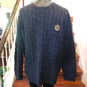 Ralph Lauren grau Lammwolle Zopfmuster gerippter Pullover gold gesticktes Logo 1X - Bild 1 von 8