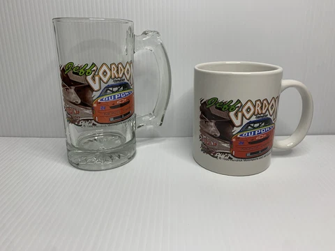 Vintage Set Of Two 1996 Jeff Gordon #24 Drinking Mugs One 1 Ceramic and 1 Glass Cover