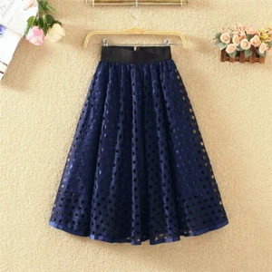 Womens Lady Mesh Lace Midi Skirt High Elastic Waist Pleated Skater Cut Out Blue - Picture 1 of 13