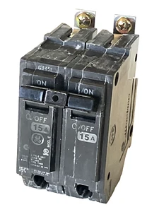 GE THQB2115 2 Pole 15 Amp 120/240 VAC Type THQB Circuit Breaker - used - Picture 1 of 9