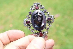 Spilla cammeo sterling vintage spilla argento 925 altorilievo ciondolo testa nera - Foto 1 di 5